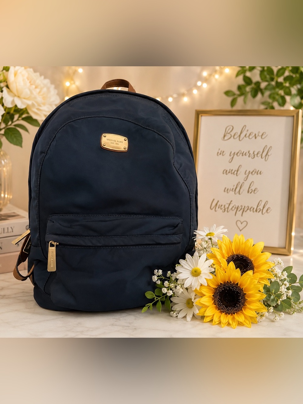 Michael Kors Blue Nylon Backpack Gold Tone Hardware Like New